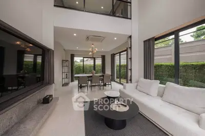Spacious modern living room with high ceilings and elegant decor