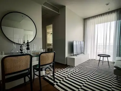 Stylish modern living room with large window and chic decor