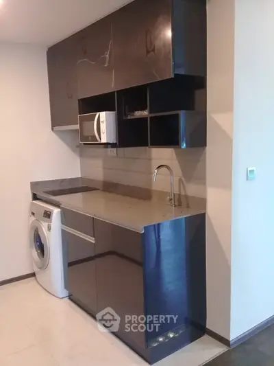 Modern kitchen with sleek cabinets, built-in microwave, and washing machine for efficient living.