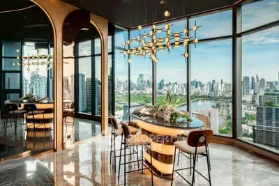 Luxurious high-rise apartment with panoramic city views and modern interior design.