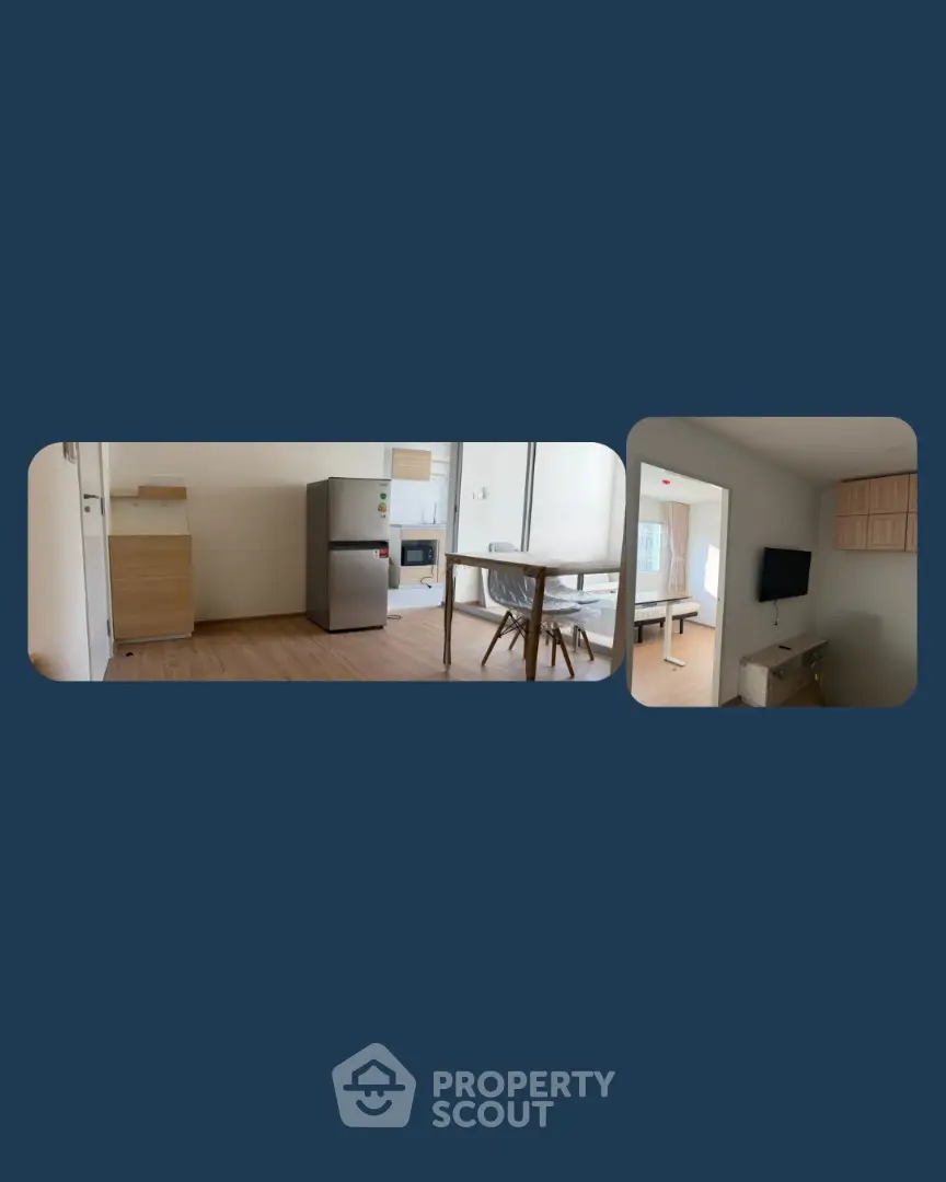 Modern apartment interior with kitchen and living area, featuring sleek furniture and appliances.