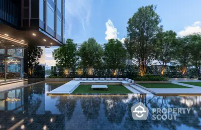 Luxurious modern building exterior with elegant poolside and lush greenery, perfect for relaxation and leisure.