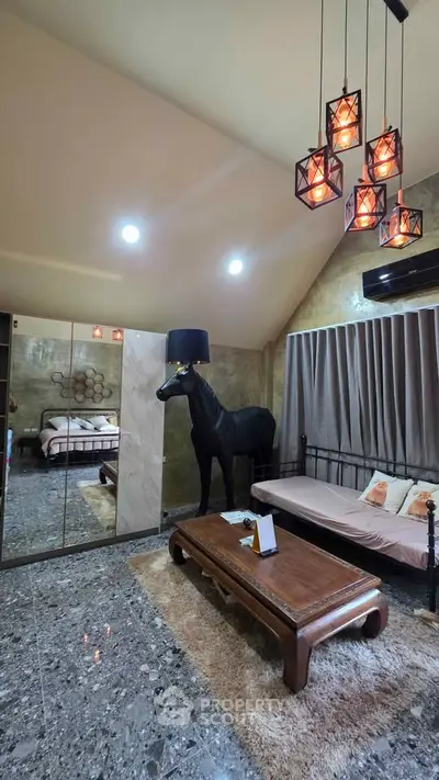 Luxurious living room with unique horse lamp and elegant decor