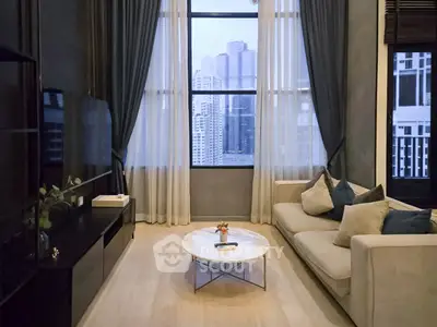 Luxurious living room with high ceilings and stunning city view, featuring elegant furniture and modern decor.