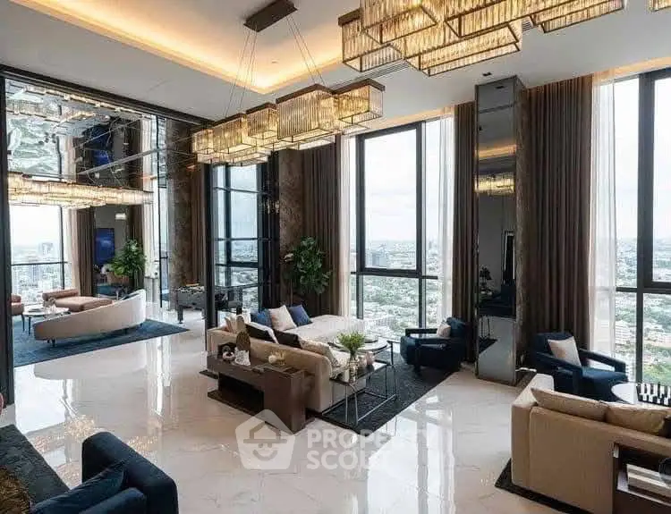 Luxurious high-rise living room with panoramic city views and elegant decor.