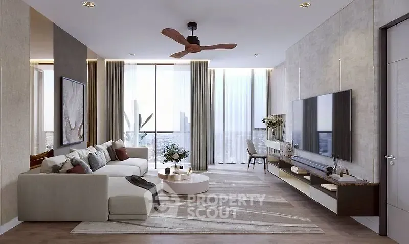 Luxurious modern living room with elegant decor and stunning city view.