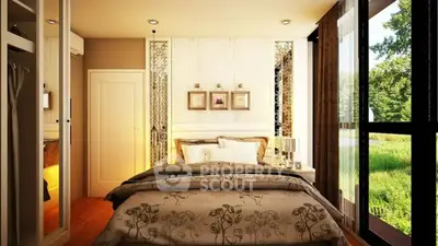 Luxurious bedroom with large windows and elegant decor, offering serene views of lush greenery.