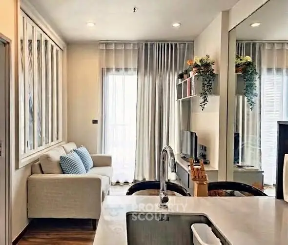 Modern living room with cozy sofa and stylish decor in a bright apartment