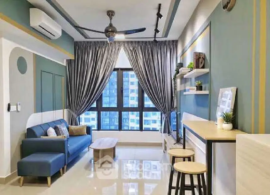 Modern living room with stylish decor and large window view