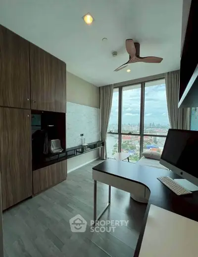 Modern study room with city view and sleek furnishings