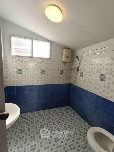 Charming bathroom with blue and white tiles, featuring a shower and natural light from a window.