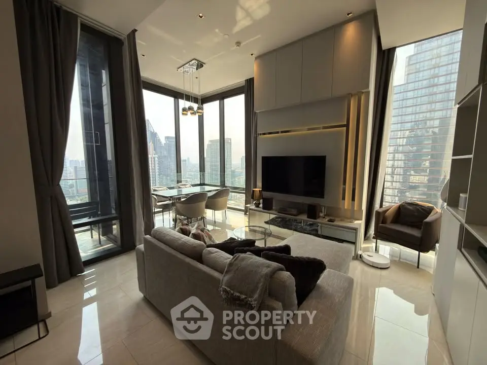 Luxurious modern living room with city view and elegant decor