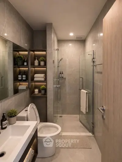 Luxurious modern bathroom with glass shower and elegant shelving