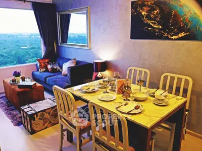 Stylish living room with dining area and scenic window view