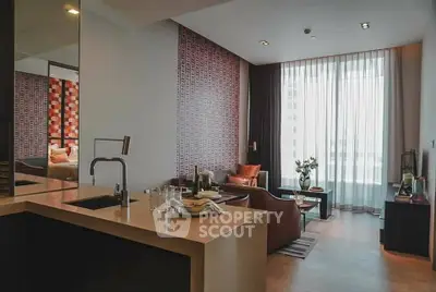 Stylish modern living room with open kitchen and chic decor in urban apartment