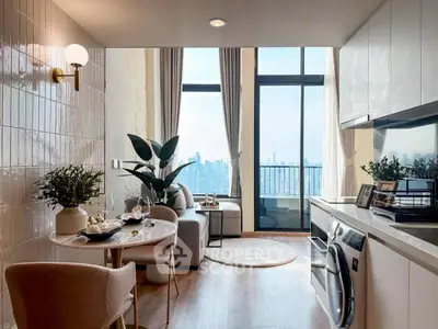 Modern living room with city view, stylish decor, and open kitchen layout.