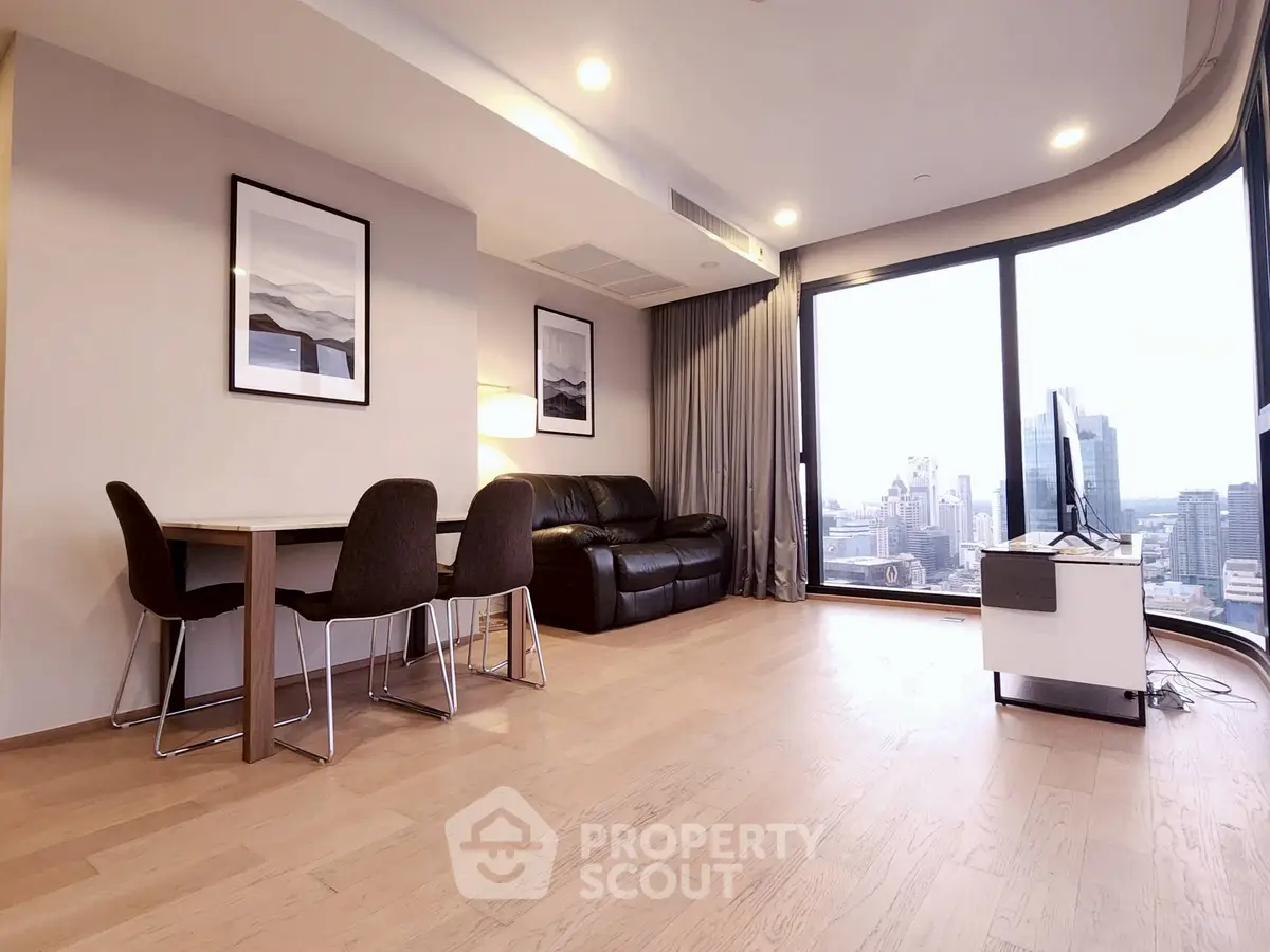 Spacious modern living room with city view and elegant decor