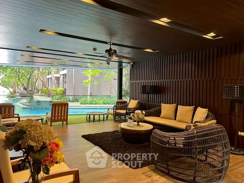 Luxurious indoor lounge with pool view and modern seating area