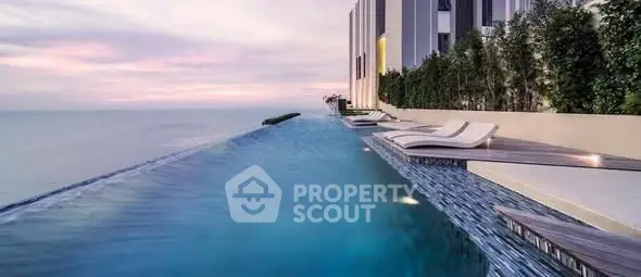Luxurious rooftop infinity pool with ocean view at sunset, perfect for relaxation.
