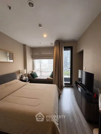 Modern bedroom with city view and stylish decor