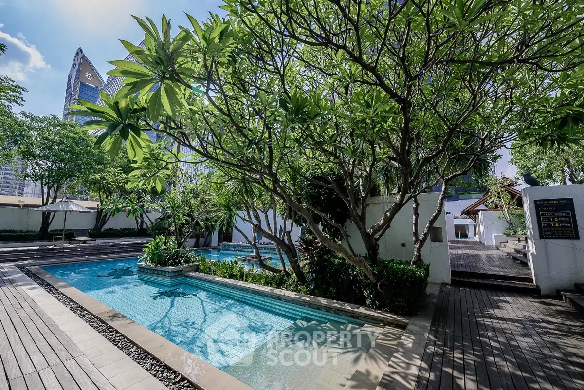 Luxurious urban pool surrounded by lush greenery and modern architecture