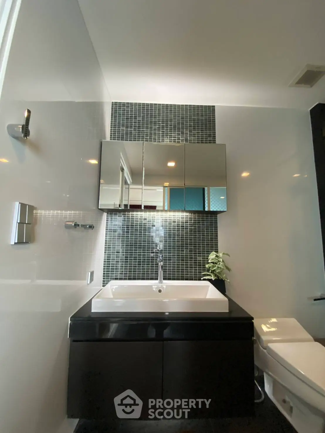 Modern bathroom with sleek black vanity and stylish tile backsplash