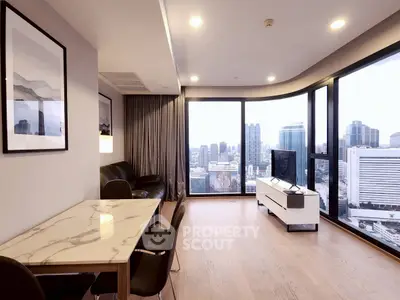 Modern living room with panoramic city view and elegant decor