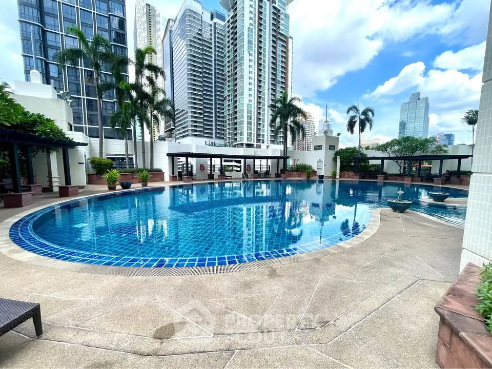 Luxurious high-rise condominium with stunning pool and city skyline view, perfect for urban living.