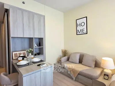 Cozy modern living room with stylish decor and compact dining area