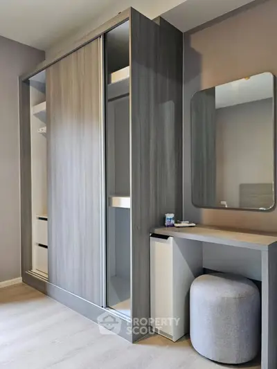 Modern bedroom with sleek wardrobe and stylish vanity area