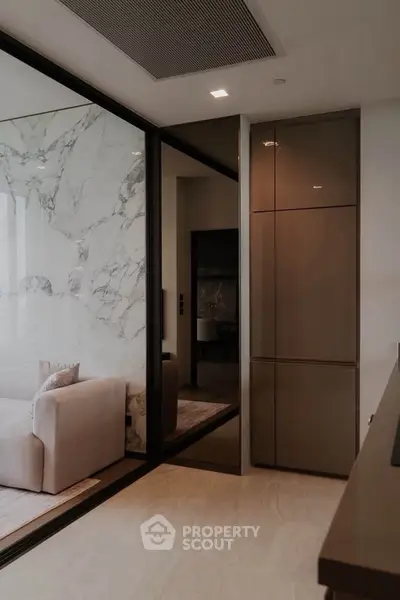 Luxurious modern living room with marble accents and sleek furniture design