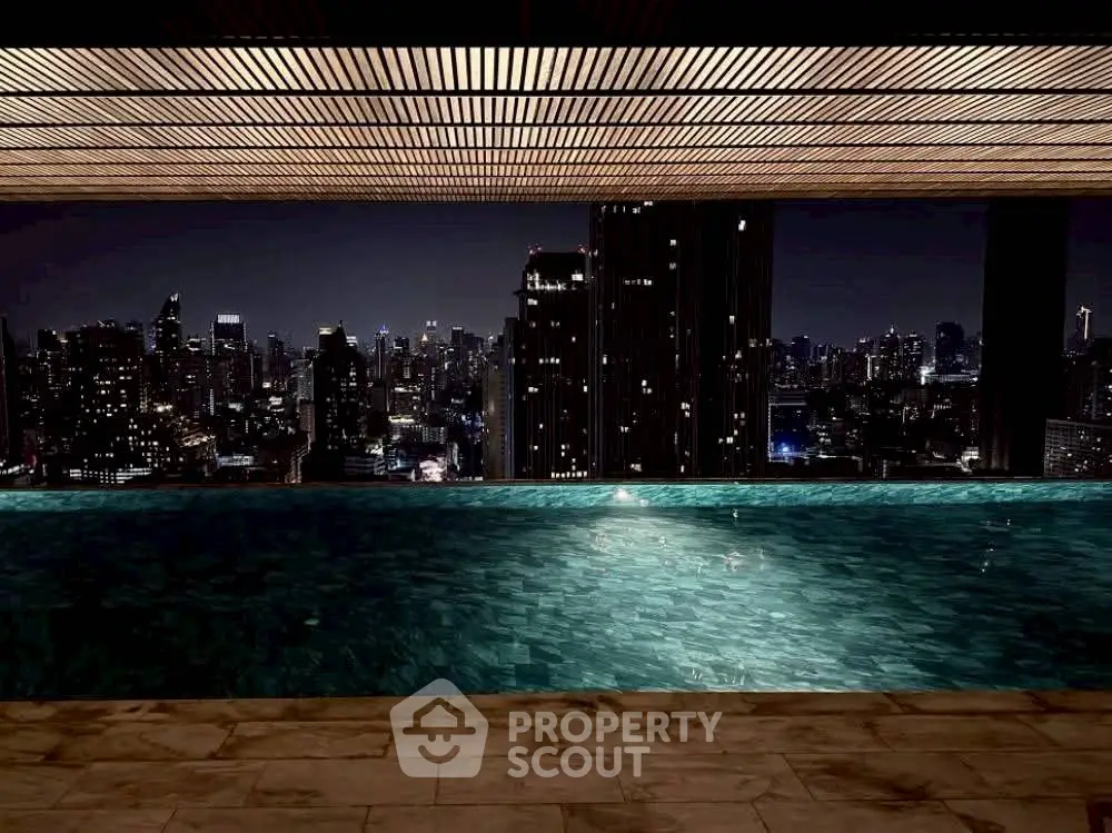 Luxurious rooftop pool with stunning city skyline view at night