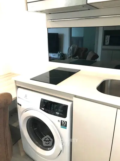 Modern kitchen with integrated washing machine and sleek design.