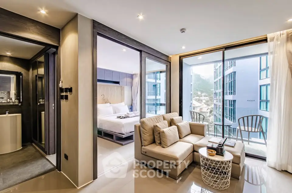 Luxurious modern condo with spacious living room and stunning balcony view