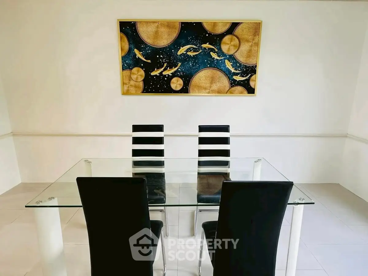 Modern dining area with glass table and stylish chairs under artistic wall decor.