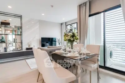 Luxurious modern living room with elegant dining area and stunning balcony view.