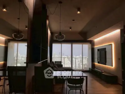 Luxurious modern living room with city view and stylish lighting