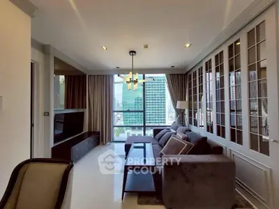 Luxurious living room with stunning city view and elegant furnishings in modern high-rise apartment.
