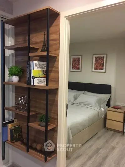 Cozy bedroom with modern wooden shelving and stylish decor