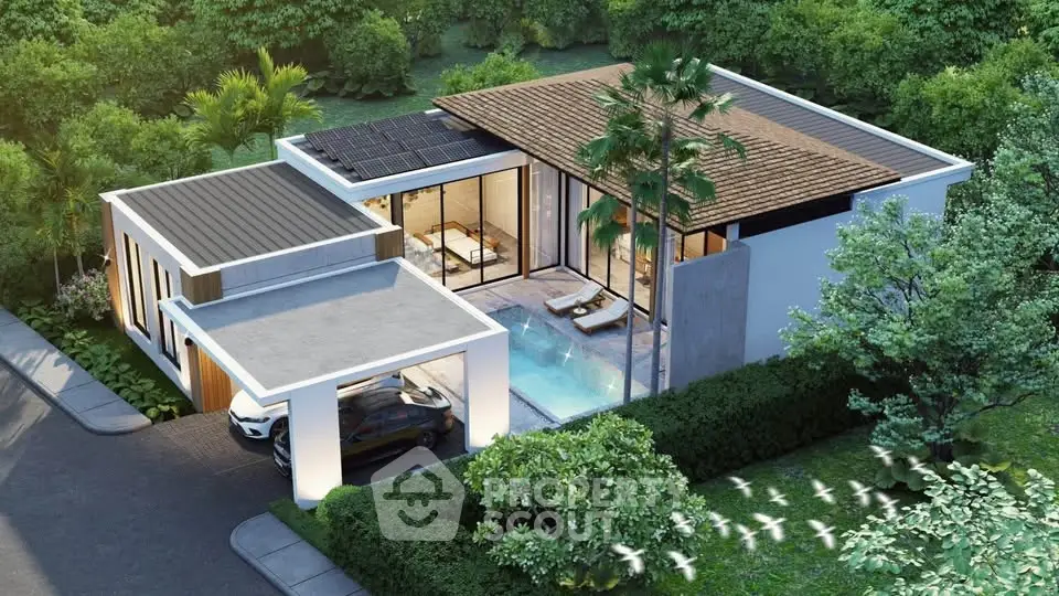 Modern luxury villa with solar panels, pool, and lush greenery in a serene neighborhood.