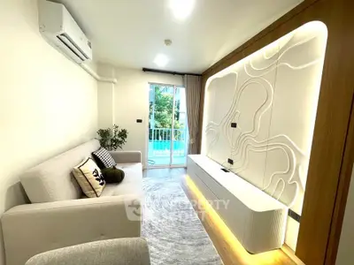 Modern living room with stylish wall design and balcony view