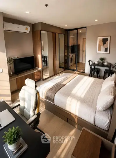 Modern bedroom with stylish decor, workspace, and natural light in a cozy apartment.