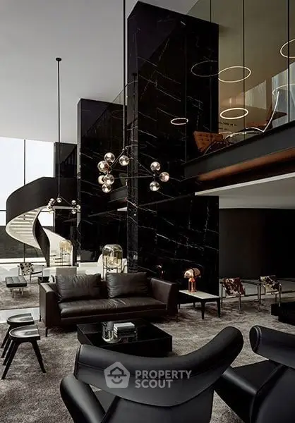 Luxurious modern living room with high ceilings and elegant black marble accents.