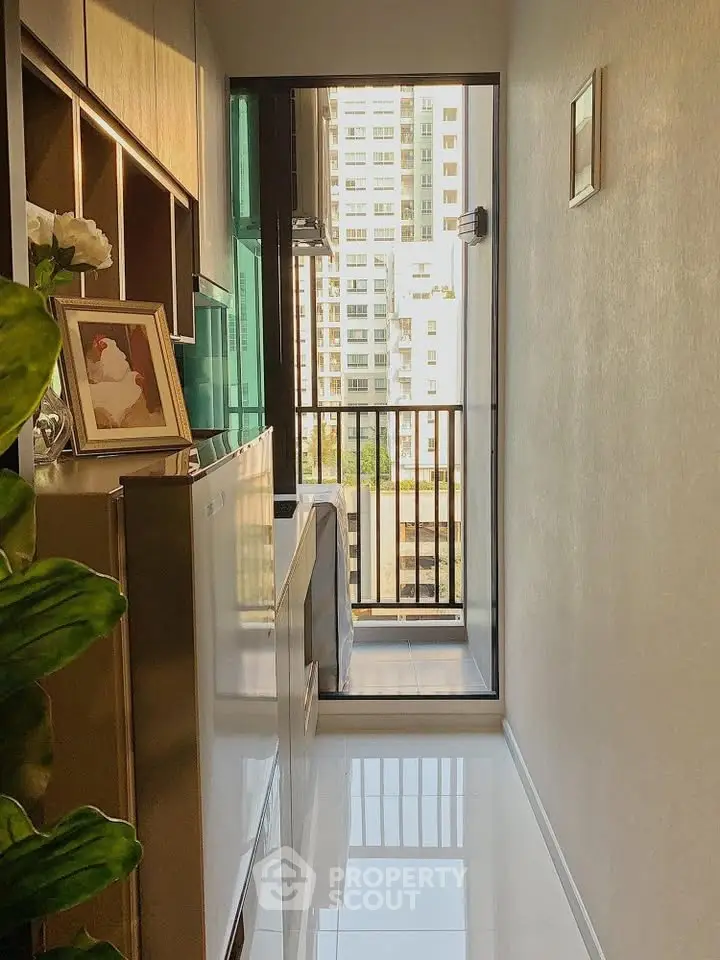 Modern apartment balcony with sleek design and city view, perfect for urban living.