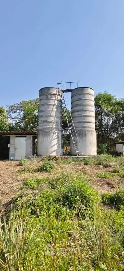 Rural property with twin silos and lush greenery under clear blue sky