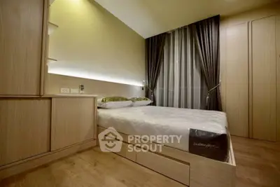 Modern bedroom with sleek wooden furniture and elegant lighting