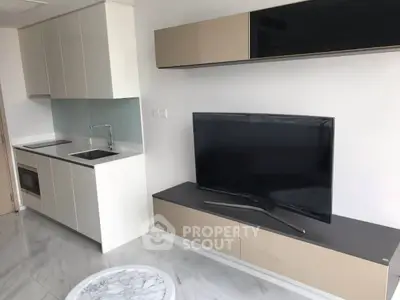 Modern minimalist living room with sleek cabinetry and flat-screen TV