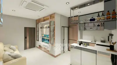 Modern living room with sleek kitchen, built-in shelves, and stylish decor in a contemporary apartment.