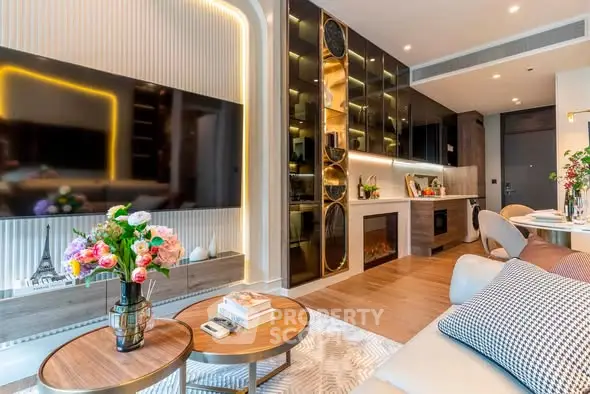 Luxurious modern living room with elegant decor and ambient lighting