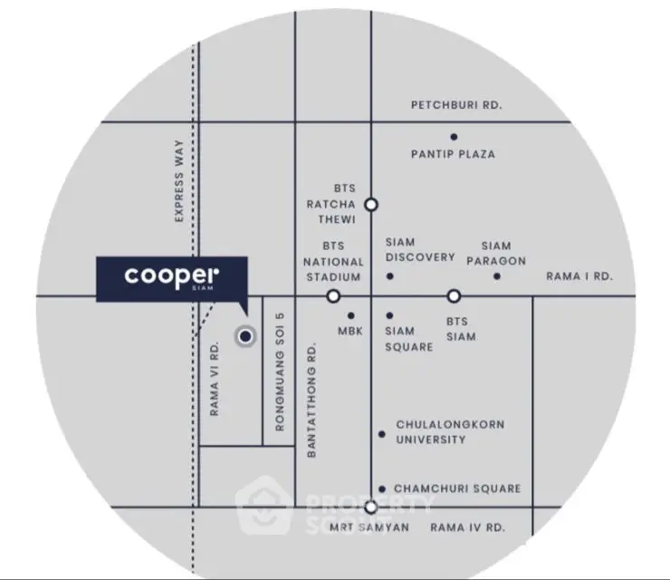 Map showing location of Cooper condominium near major Bangkok landmarks and transit routes.